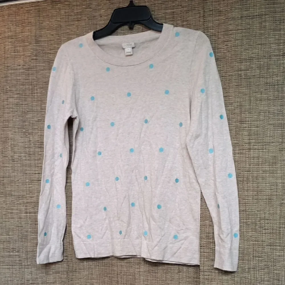 J. Crew Cream Fine Cotton Sweater with Blue Polka Dots